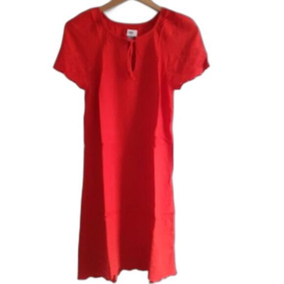 Old Navy Eyelet Hem Flutter Sleeves Drop Waist Boho Shift Red Orange Dress S/P - Picture 1 of 13